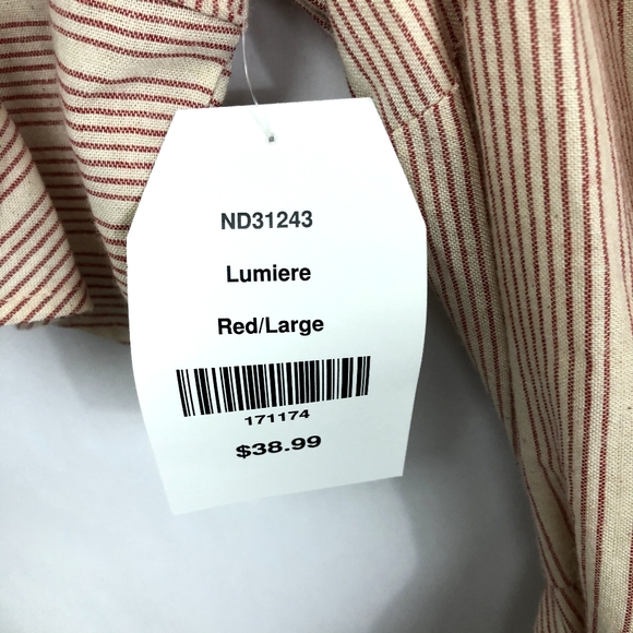 LUMIERE Wrap Dress NWT Ruffle Red Natural Beige Stripe Tie Waist Large - Picture 6 of 10
